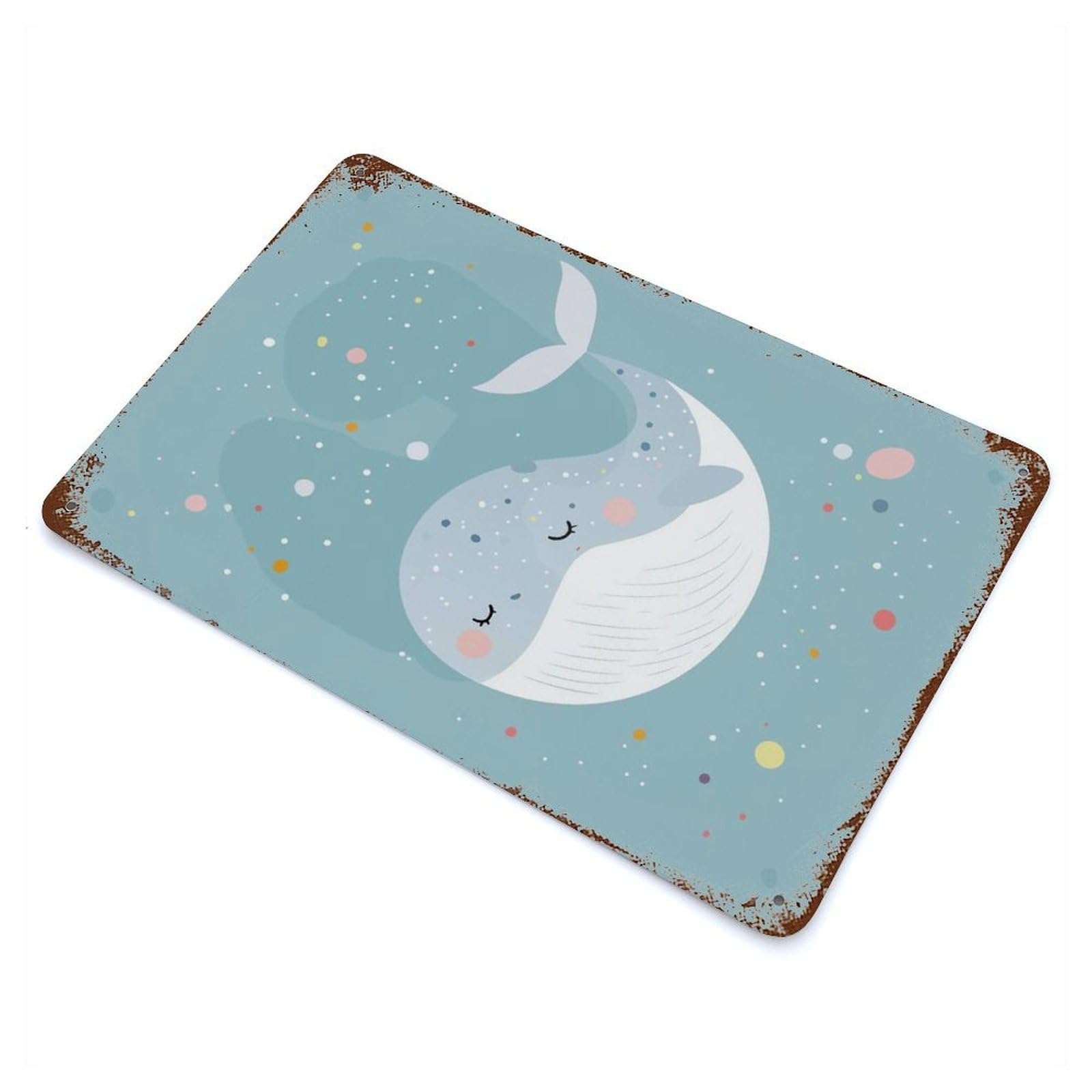 Cute Whale Illustration with Colorful Dots 11.8"x7.9" Rusty Metal Tin Sign, Shabby Chic Decor for Bistro, Counter And Cafe Decor
