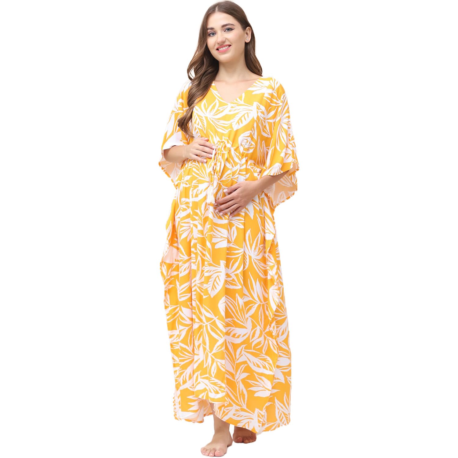 Printed Rayon Maternity Kaftan Full Length/Maxi Nighty/Free Size/Feeding/Nursing/Zipper/Drawstring