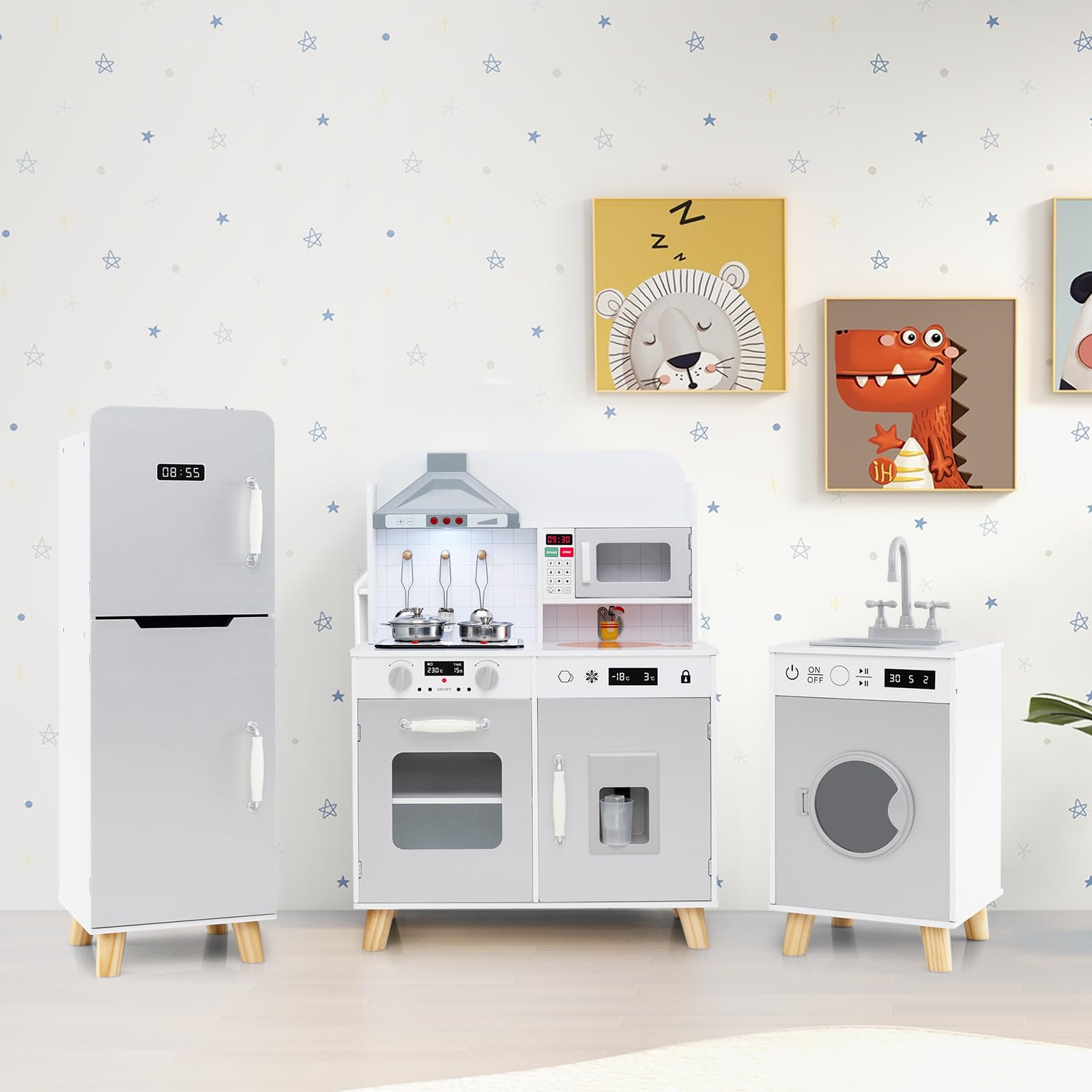 COSTWAY Cocina Juguete Infantil, Cocinita de Madera Infantil 3 en 1 con Refrigerador, Lavadora, Máquina de Hielo, Estufa, Fregadero, Horno, Microondas, Cocina Juguete con Luces y Sonidos (Gris)