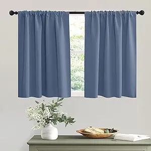 RYB HOME Short Blackout Curtains 36 inches, Solid Heavy Duty Small Window Treatment Room Darkening Privacy Draperies for Basement Bathroom Bedroom, Stone Blue, W42 x L36 inch, 2 Panels