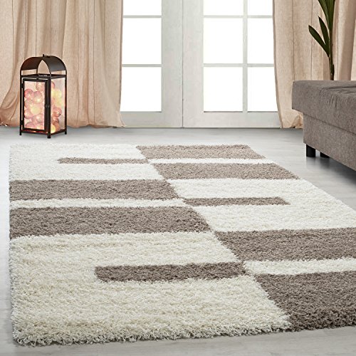 Carpetsale24 2505 Tapis Shaggy à poils longs A rayures, Vert, Gris, gris clair, Violet, Rouge, turquoise, Taupe, Rouge terre cuite Hauteur des poils 3 cm,...