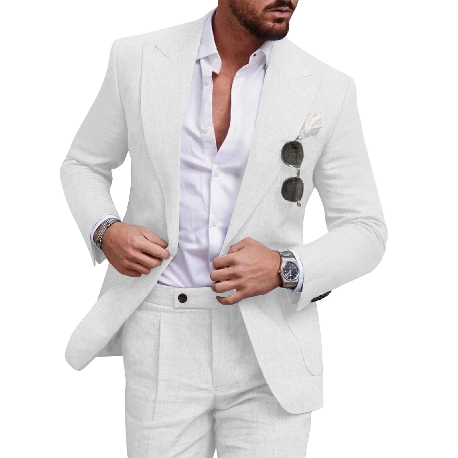 Diaryan Linen Men Suit Set Casual Tuxedo 2 Piece Regular Fit Blazer One Button Solid Jacket and Pants for Prom Wedding Party