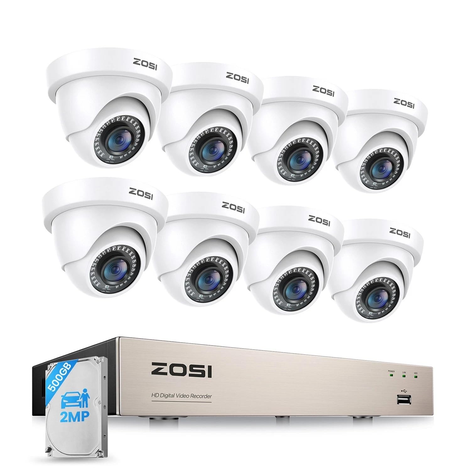 ZOSI Kit Telecamera Sorveglianza Esterna Cablata 1080P con DVR 8CH 500GB | Rilevamento di Persone/Veicoli, Visione Notturna IR 24 m, Angolo di Visione 90°, Avviso Istantaneo tramite APP gratuita