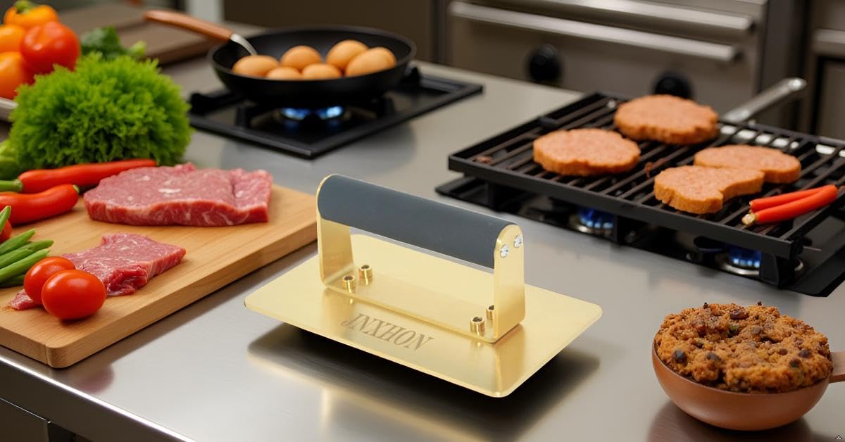 Burgerpresse aus Titanlegierung mit Verbrühungsschutz, Titanlegierung, Burgerpresse für Grillplatte, Speckpresse, Grillpresse, Rinder-Pattypresse (20,3 cm)