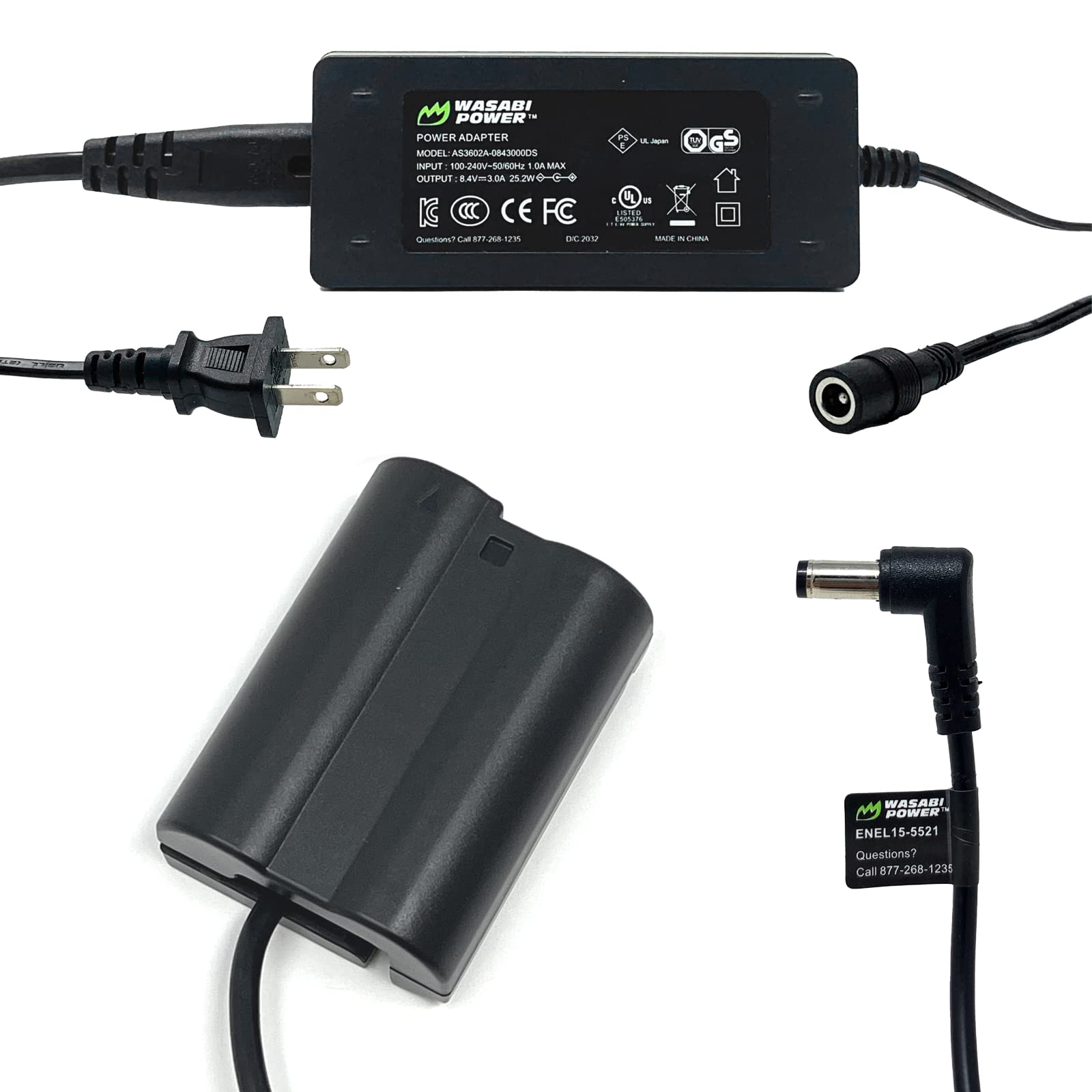 Wasabi Power ENEL15 Dummy Battery DC Coupler & AC Adapter for EP-5B and Nikon EN-EL15, EN-EL15b, EN-EL15c & D500, D610, D750, D780, D800, D810, D850,