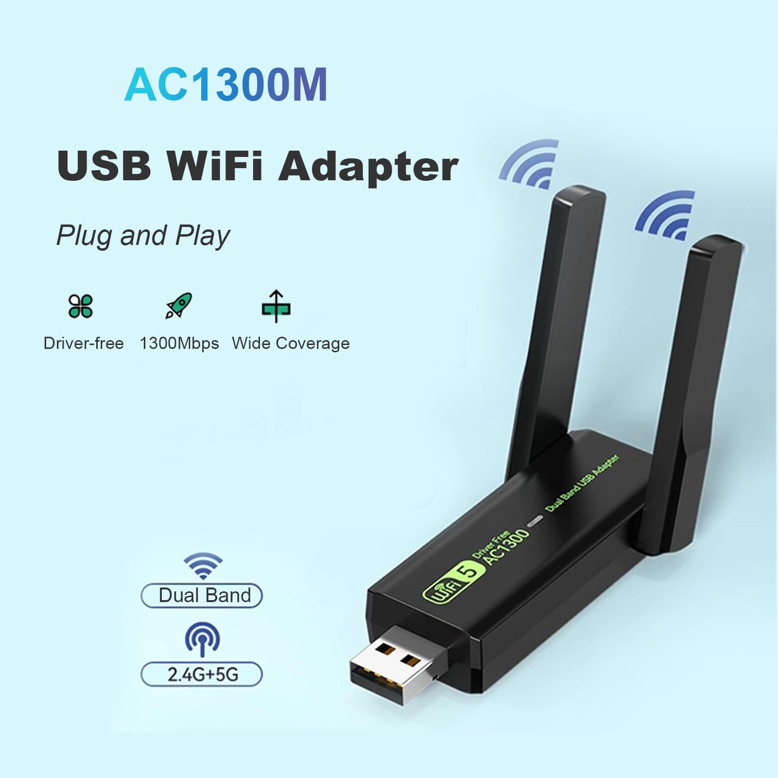 USB Adapter for Desktop PC, AC1300Mbps Band 2.4G/5G MU-MIMO Dongle with 5Dbi High Gain Antenna, for Windows11/10/Win8/Win7