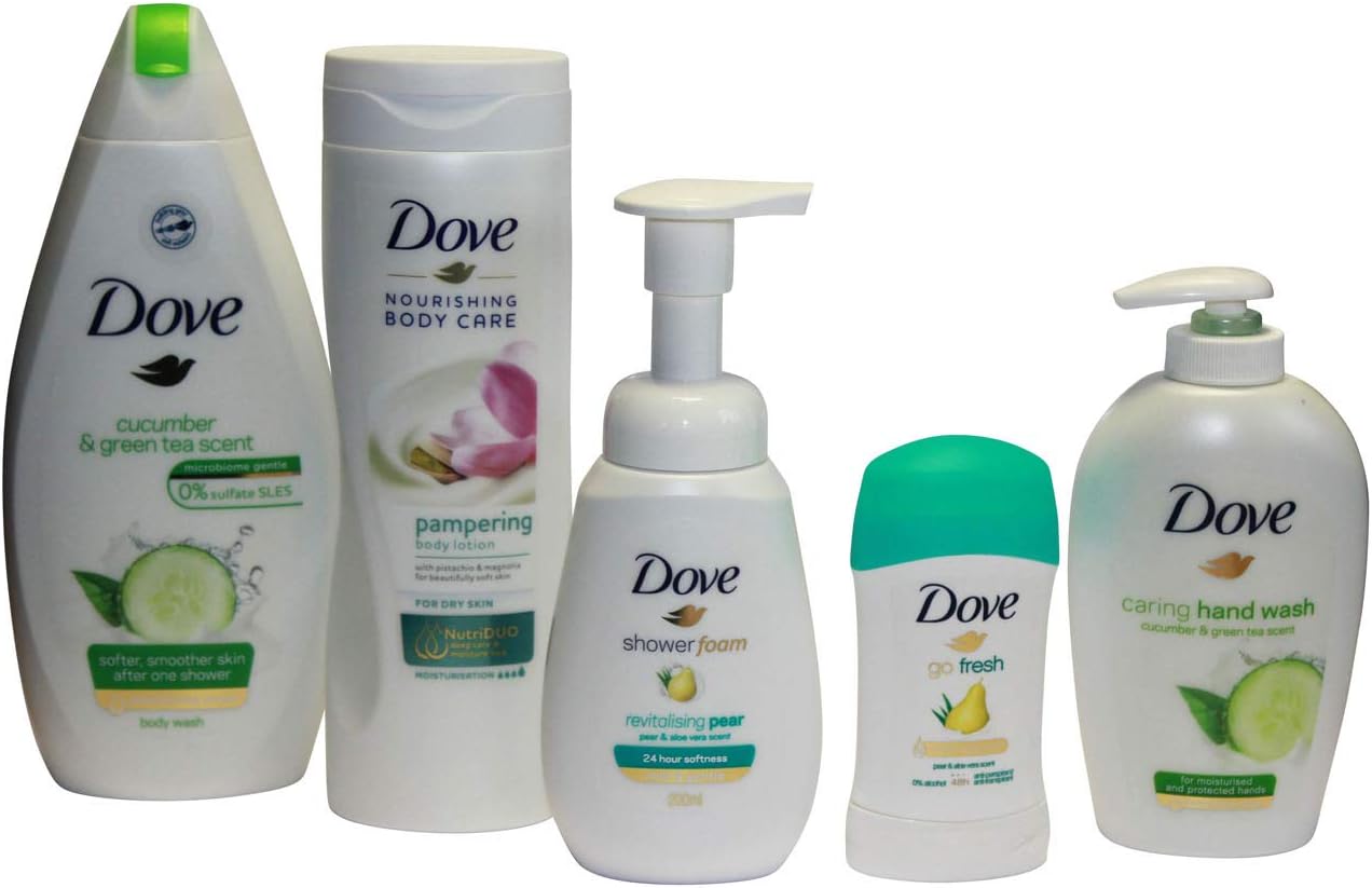Dove Bath and Body Green Bundle — 5 Items — 500ml Body Wash, 400ml Body Lotion, 200ml Shower Foam, 40ml Deodorant Stick and 250ml Cream Hand Wash