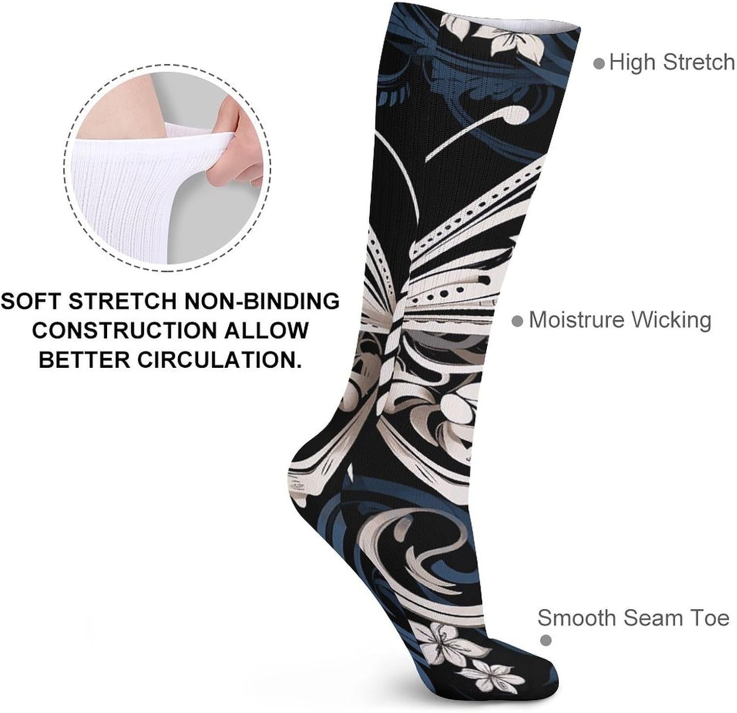 5-Pack Knee High Socks, 15.7 Inch Breathable Casual Socks White Butterflies And Tribal Stockings for Men Women