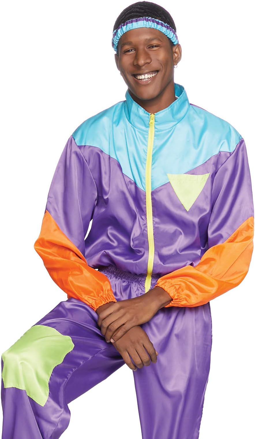 Men's 2 Pc Awesome 80s Track Suit with Zip-Up Jumpsuit and Headband