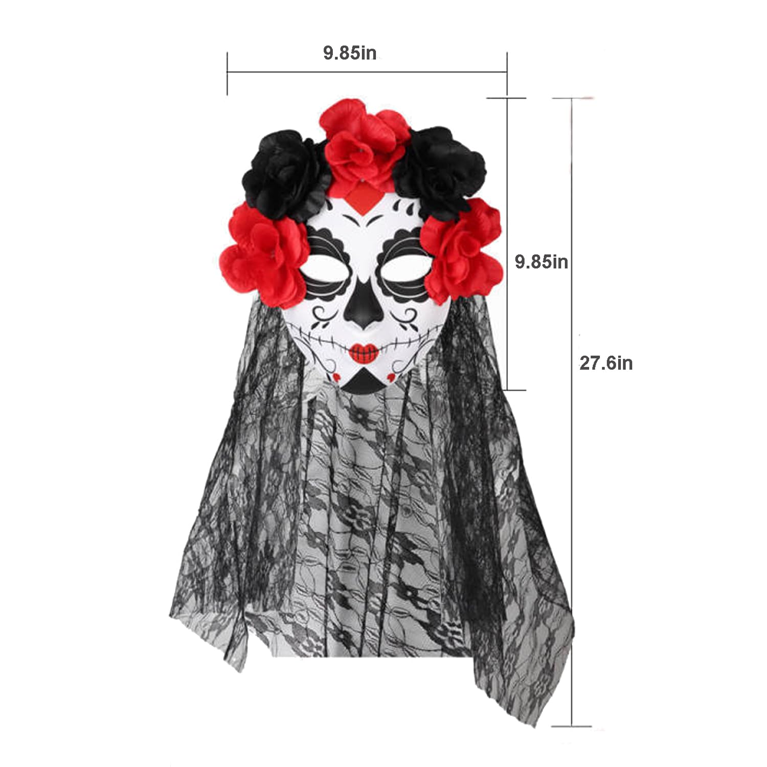KIHOARL Day of The Dead Sugar Skull Mask with Veil and Rose Flower Crown Mexican Dia de Los Muertos Halloween Lace Mask for Masquerade Cosplay Party Costume Accessory