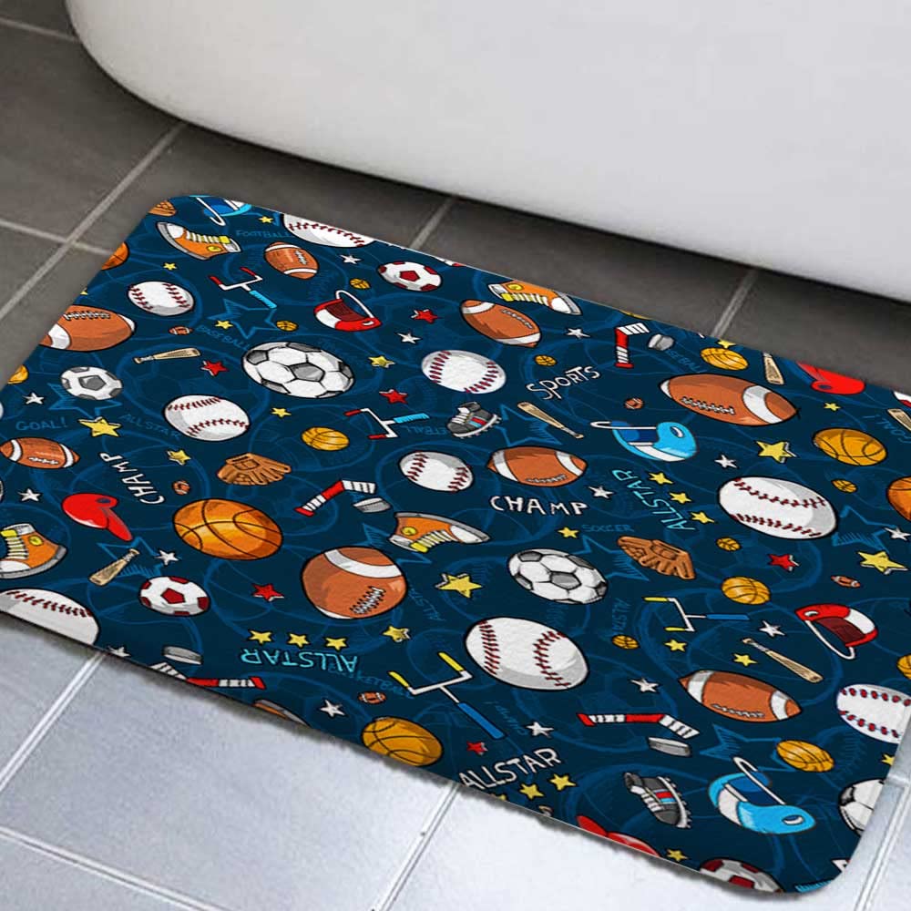 JAWO Sport Bath Mat, Boys Basketball Football Bathroom Rug Shower Floor, Baseball Soccer Hockey Star Navy Blue Bath Rug, Absorbent Doormat Bedroom Rug