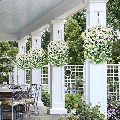 Image of Bassion 2 Pack Artificial Hanging Petunias Flowers for Outdoors, White | UV resistant, silk fake flowers, hanging morning glory trailing vines, porch garden spring summer planter decoration