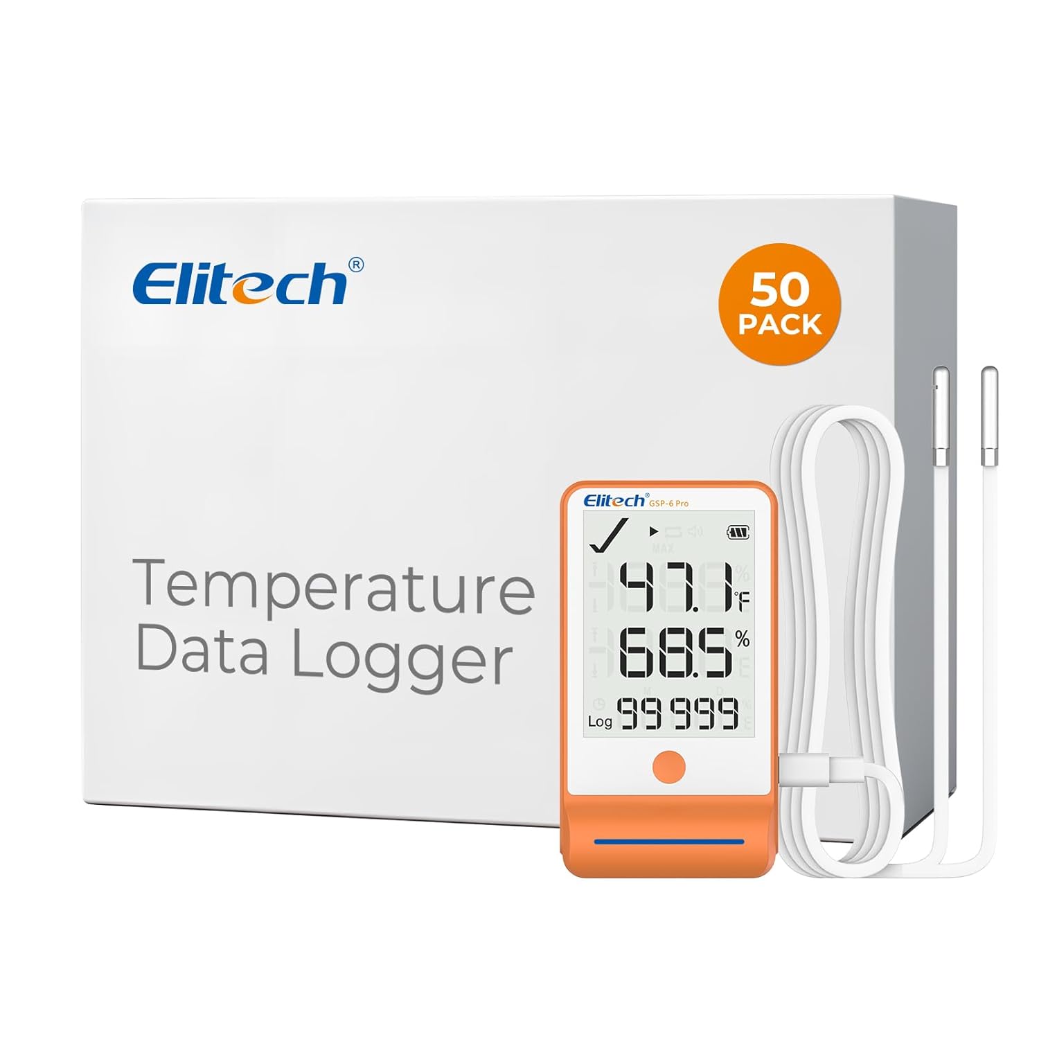 Elitech 50Pack GSP-6 Bluetooth Data Logger Temperature Humidity for Refrigerator with Shadow Data 100000 Points Export PDF/CSV Report, Pharmacy Vaccine DDL Certificate, MAX MIN with Dual Probe