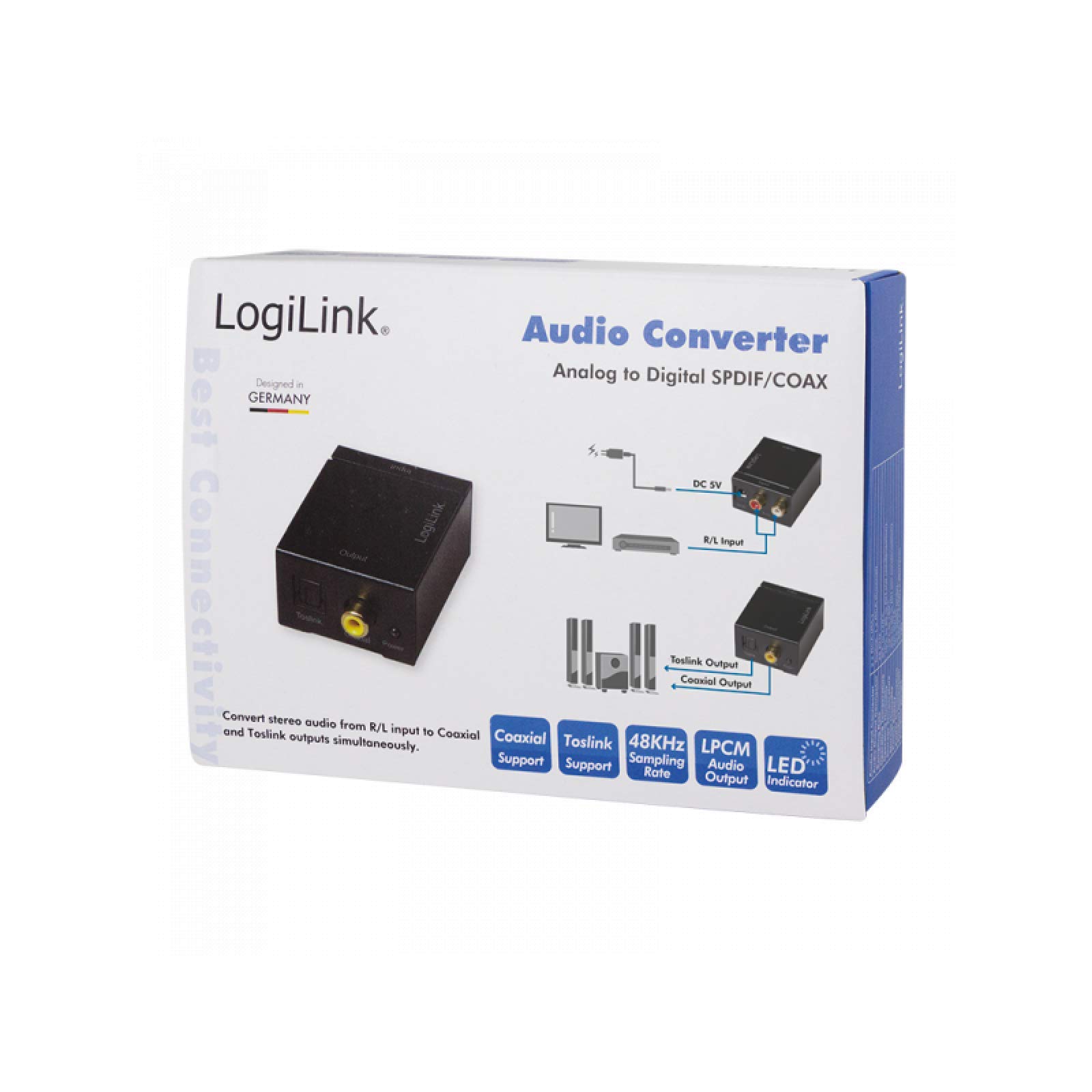 LogiLink CA0102 konwerter współosiowy i Toslink analogowy L/R na audio, elektromagnetyczny, bezszumowy transfer czarny