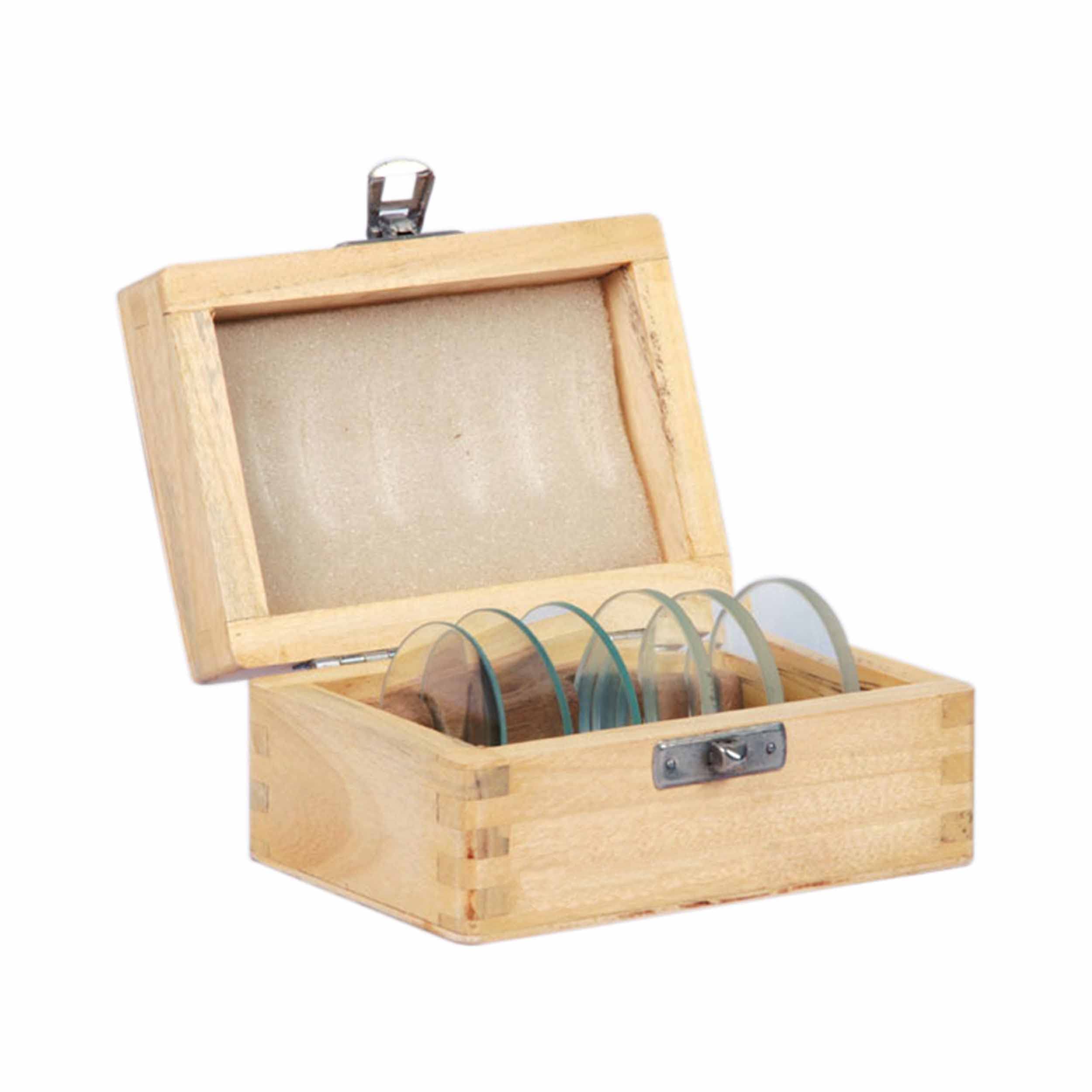 Set of 6 Lenses, 50mm Diameter Double Convex, Plano Convex, Concavo Convex, Convexo Concave, Plano Concave and Double Concave lens set with Wooden Storage Box for Physics Laboratory Classroom