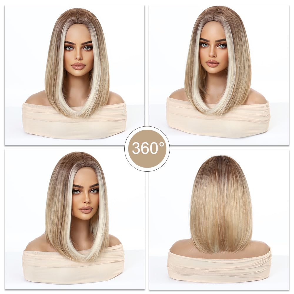 Esmee Krótka Prosta Blond Bob Peruka dla Kobiet Naturalne Syntetyczne Włosy Ombre Peruki z Brązowymi Korzeniami Cosplay Codzienne Użycie Imprezy -14 Cali