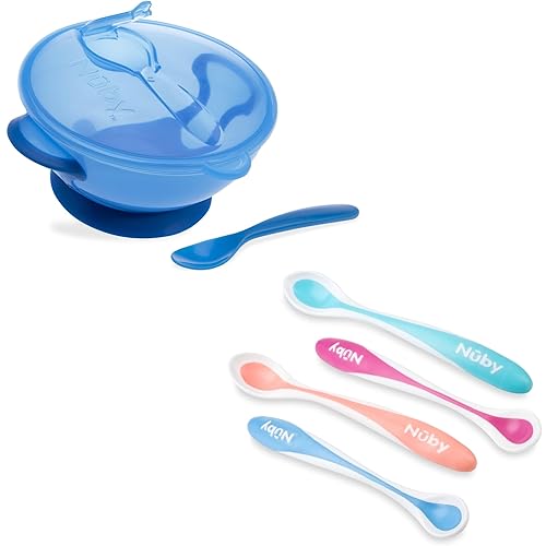 Nuby Paquete de 4 cucharas de alimentación seguras y calientes y ventosa fácil de llevar con tapa y cuchara a presión los colores pueden variar