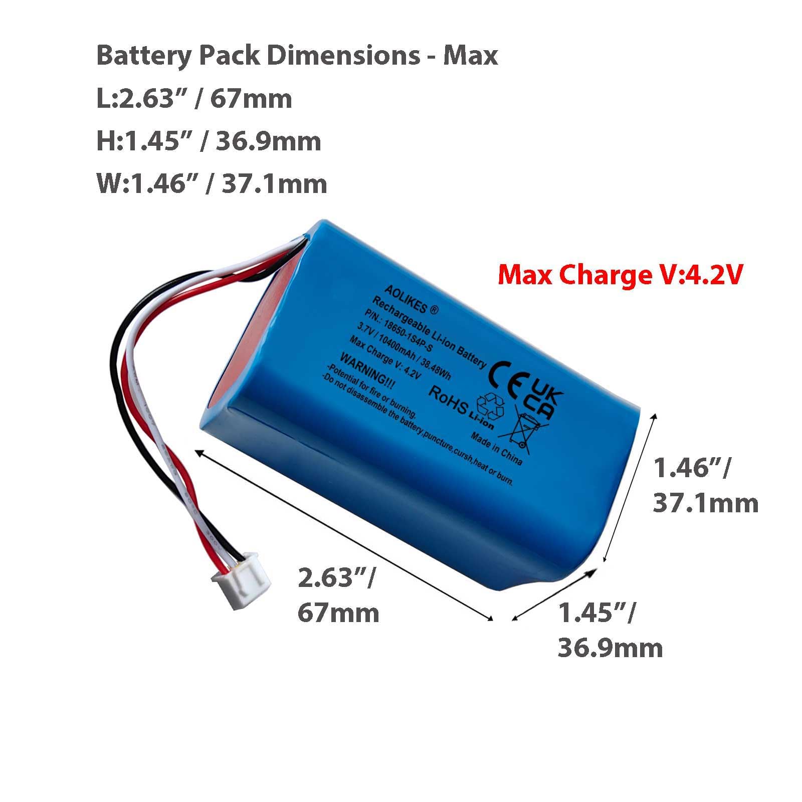 AOLIKES Batterie lithium-ion rechargeable 18650 1s3p 10400 mAh 3,7 V avec connecteur XH2,54/3P / cellules 5C / carrée / prend en charge la charge rapide