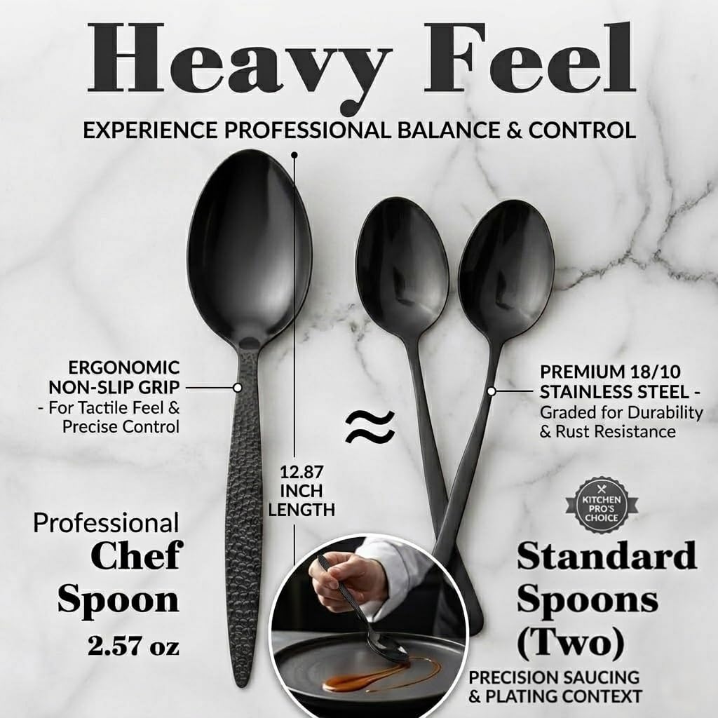 CREATIVECHEF 2-Pack 7.8-Zoll Edelstahl Kunz Löffel, Spiegel Polieren Löffel Set, Professionelle Koch Löffel Küchenbesteck Set für Home Küche Restaurant Rühren, Schöpfen und Mischen (Schwarz)