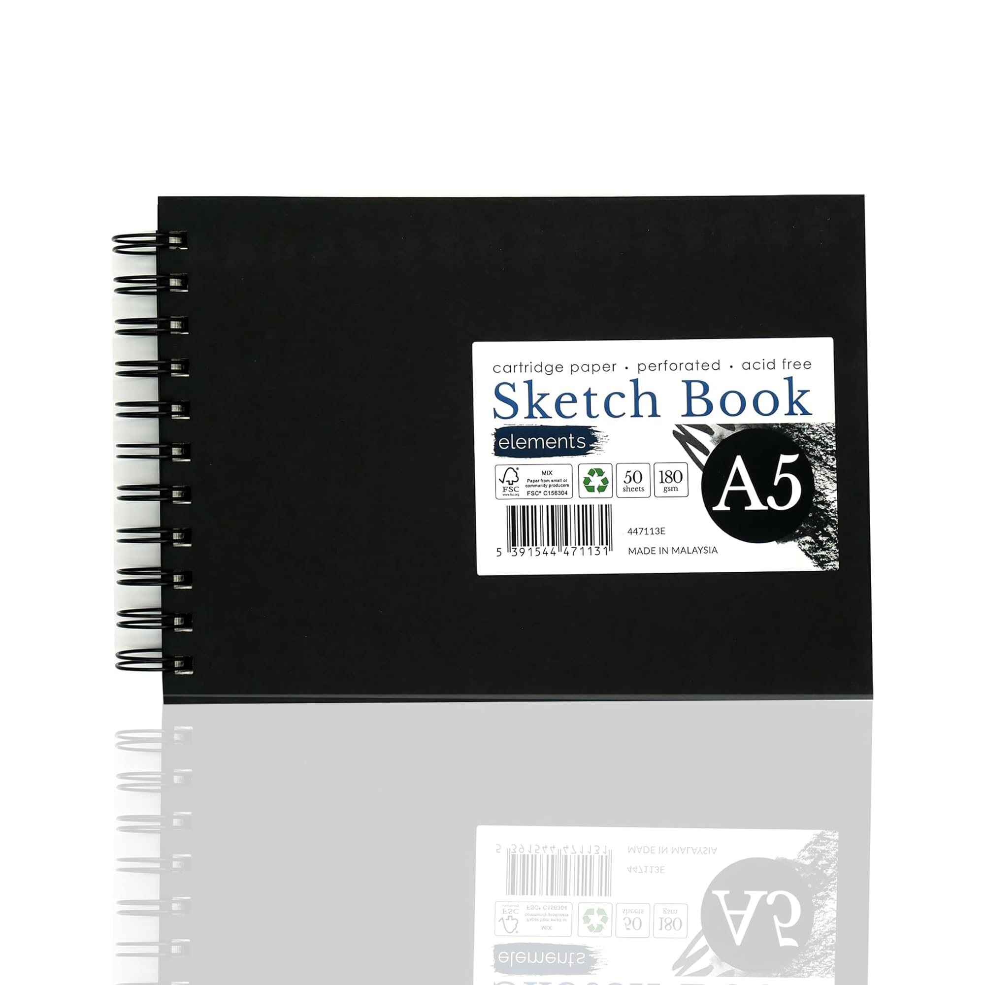 Elements A5 Wire-O Sketch Book – 50 Sheets (100 Sides) of 180 GSM No Acid Drawing Paper with Perforated Pages – Black Cover Sketchbook for Art Media, Sketching, Drawing & Creative Projects