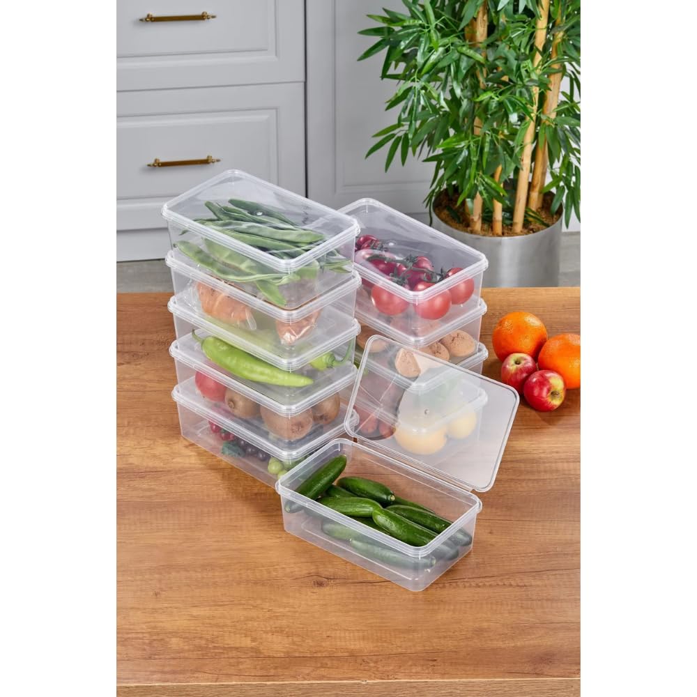 Arel - 10'lu Set Yandan Açılır Kapaklı Saklama Kabı, 10 Adet 2000ml Dikdörtgen Şeffaf Kendinden Kapaklı Saklama Kabı, BPA İçermez, Buzdolabı, Dondurucu ve Dolap Organizeri