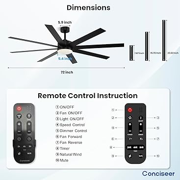 72 Inch Modern Ceiling Fan With Light - Remote Control, 8 Blades, DC Motor For Living Room & Office