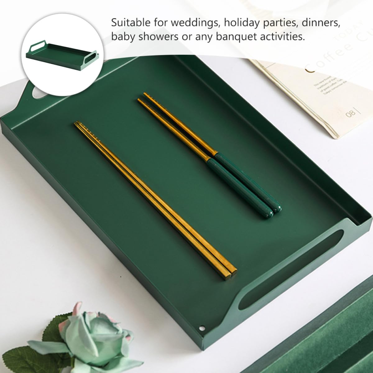 Bandeja Rectangular de Metal Verde con Asas para Servir Aperitivos y Postres Adecuado para Showers y Guardería
