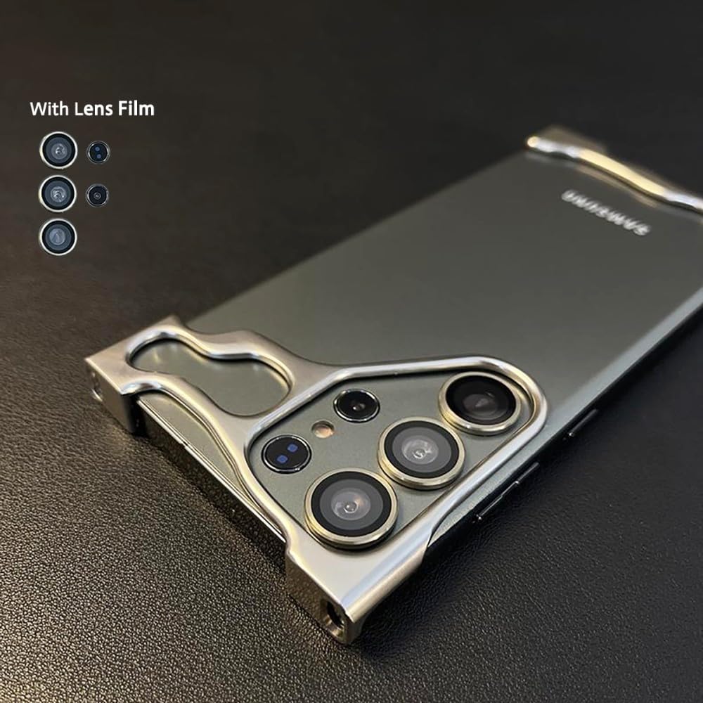 Custodia per telefono in lega di alluminio irregolare di lusso senza cornice per Samsung S23 S24 Ultra Plus Pellicola protettiva per lenti Cover antiurto in metallo, Nero, Per Samsung S23Ultra
