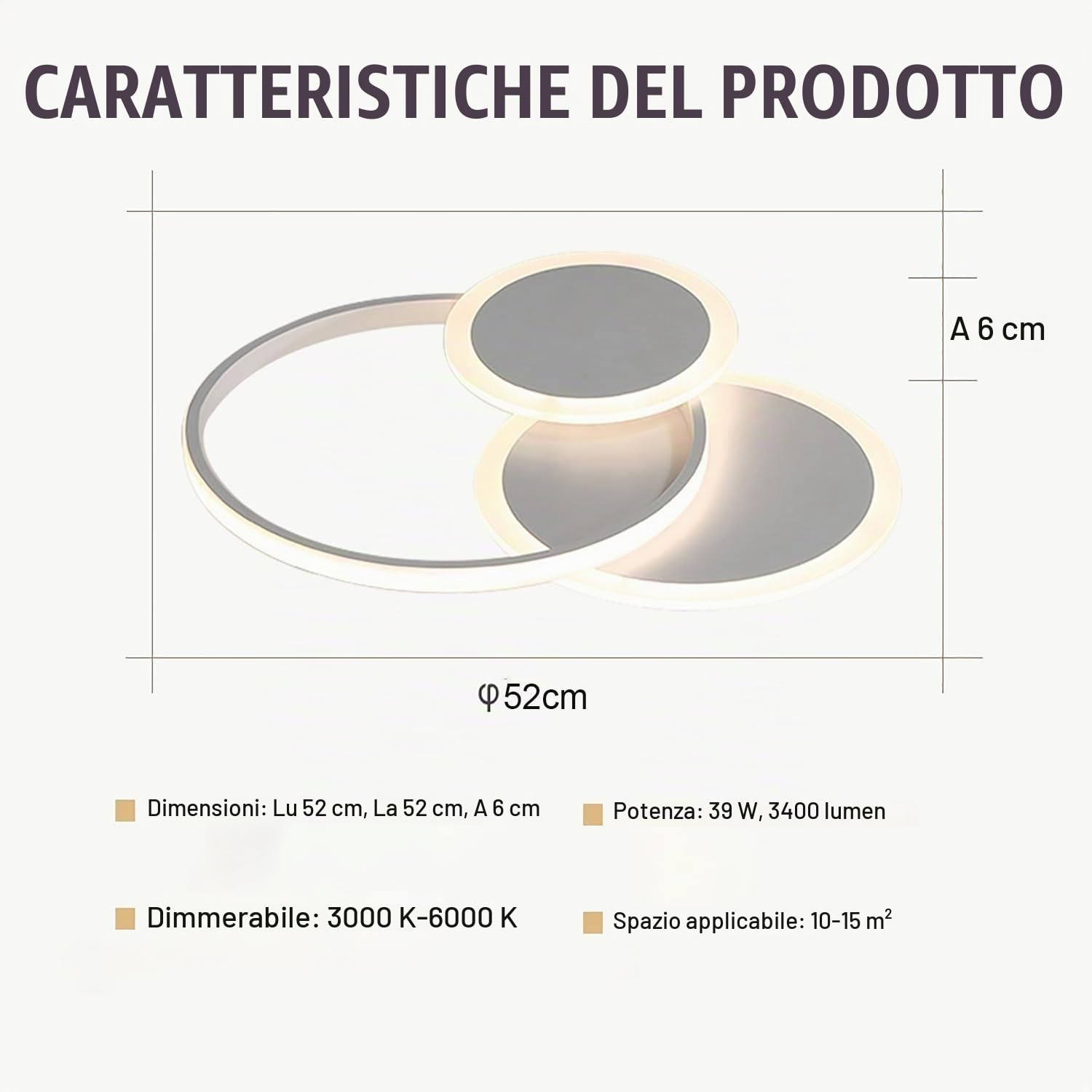 Plafoniera LED Soffitto, 39W Lampada da Soffitto Moderna Rotonda, 52CM Plafoniera Camera da letto Dimmerabile 3000K-6000K, Plafoniera LED per Soggiorno Camera da letto Camera dei Bambini