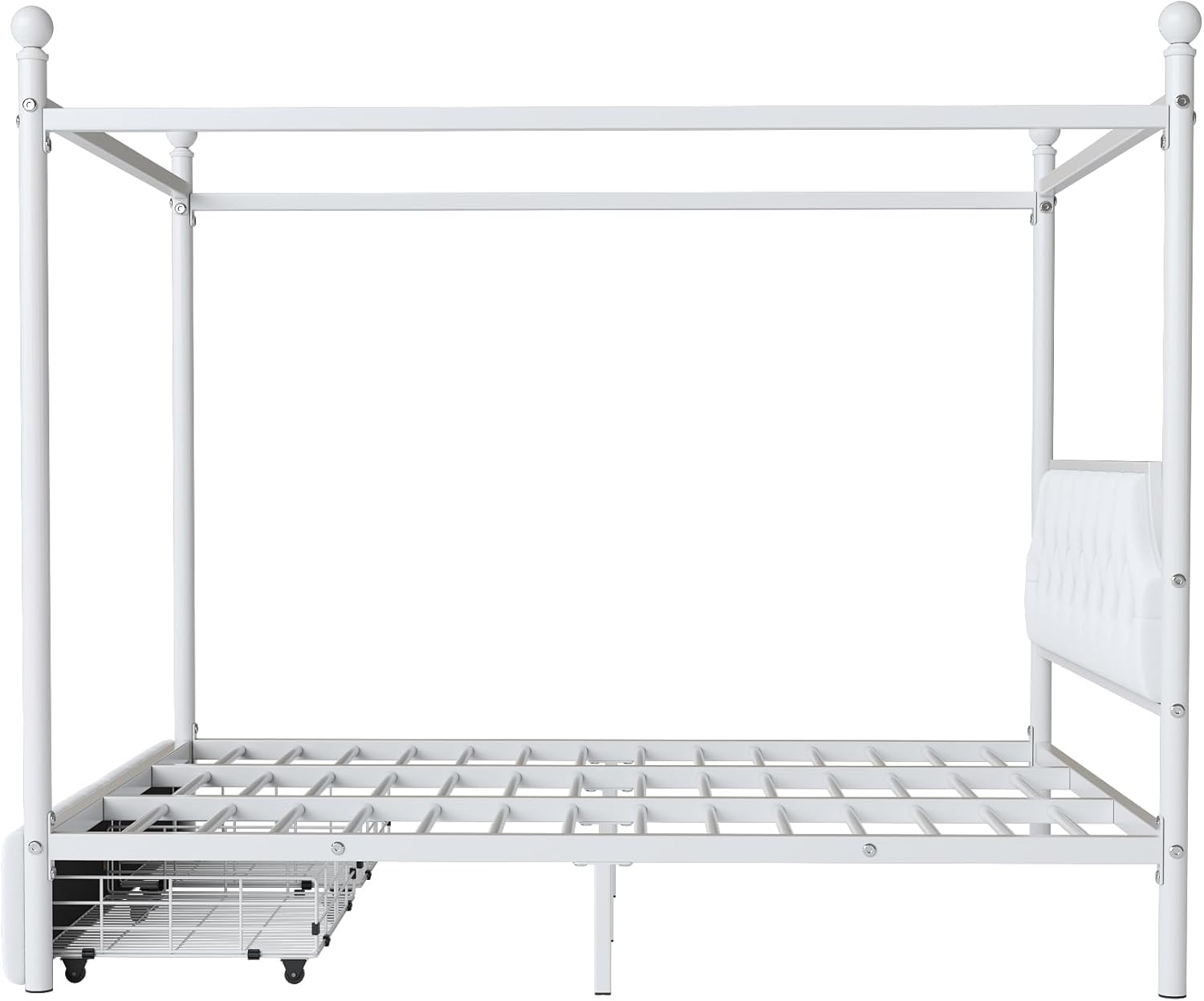 Modern Queen Size Metal Canopy Platform Bed with Upholstered Headboard, 4-Poster Canopy Platform Bed Frame with 2 Storage Drawers, Strong Slats Support