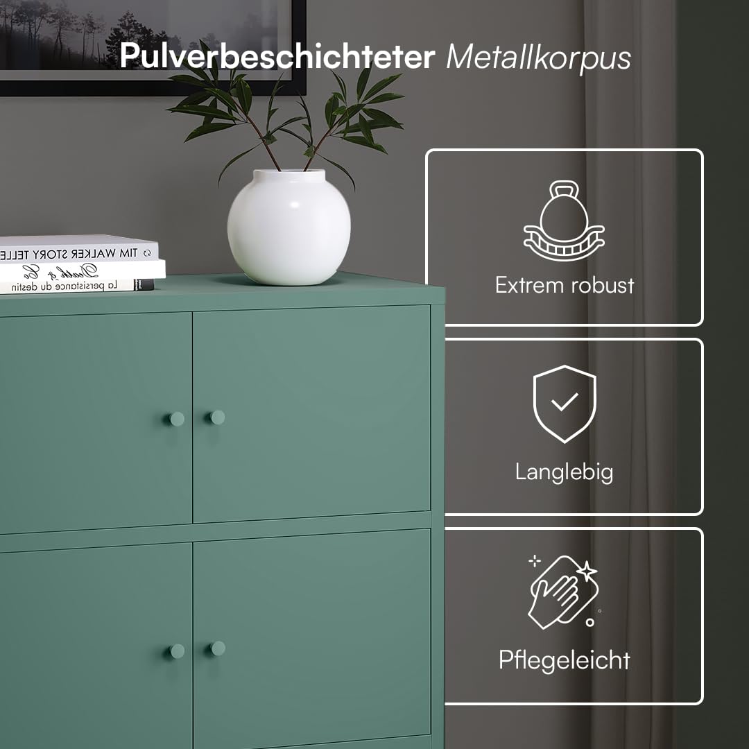 skølm Atriona Metall Kommode – Sideboard mit 3 Fächern & 6 Türen – Metallschrank in Dunkelgrün – Mehrzweckschrank – Highboard 80 cm breit – höhenverstellbare Füße – Aufbewahrungsschrank – Flurschrank