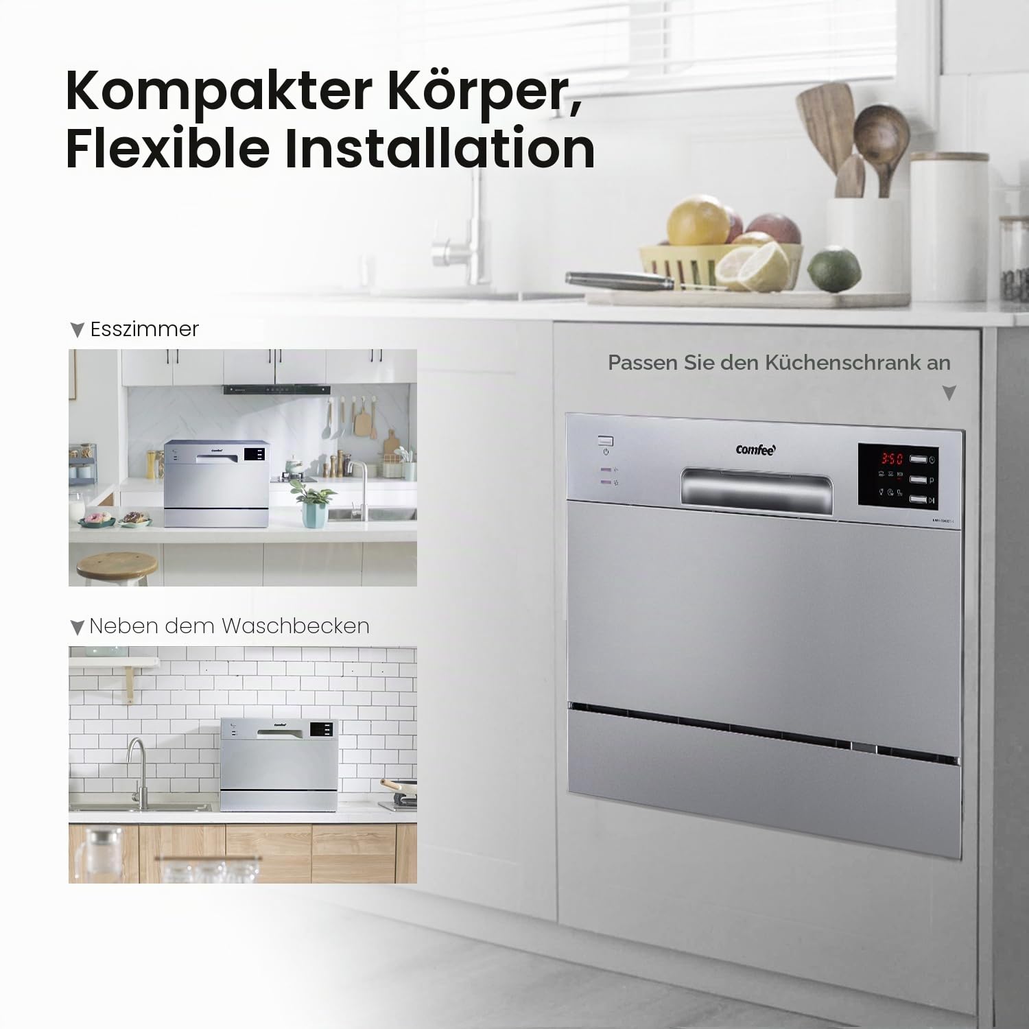 COMFEE' Kompakter Tisch-Geschirrspüler TD602E-S Mini Geschirrspüler mit 6 Gedecken, 6 Programmen, LED-Display, Zeitverzögerung und Waschfunktion in Nicht-Spitzenstunden - Silber