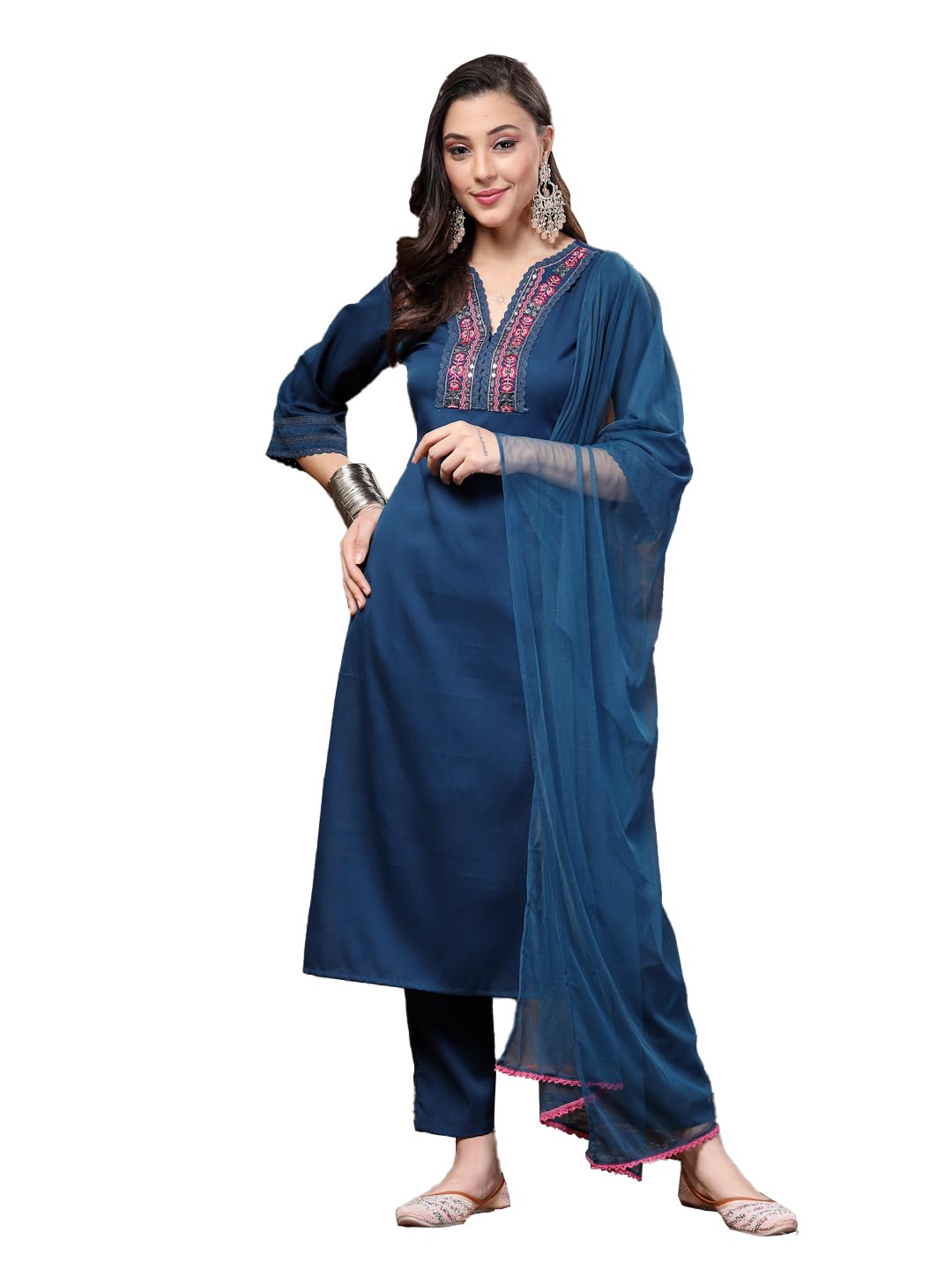 Stylum Women's Solid & Embroidered Italian Crush Straight Kurta Pant Dupatta Set (Kpdpinkvooma40_Pink, L)