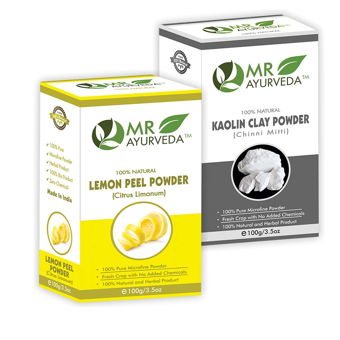 MR Ayurveda 100% Natural Kaolin Clay Powder & Lemon Peel Powder - Combo Pack (100 Grams Each)