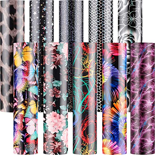 10 Pieces Flower Heat Transfer Vinyl 3D Pattern Heat Transfer Vinyl 12 x 10 Inches Pattern Iron on HTV Heat Transfer Vinyl for DIY T-Shirts, Caps, Pillows and Other Textiles