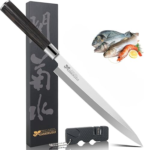 Cuchillo Sashimi, juego de cuchillos de sushi de 9.3 pulgadas con funda, afilador, paño de limpieza, caja de regalo, cuchillo Yanagiba HC 70cr17mov