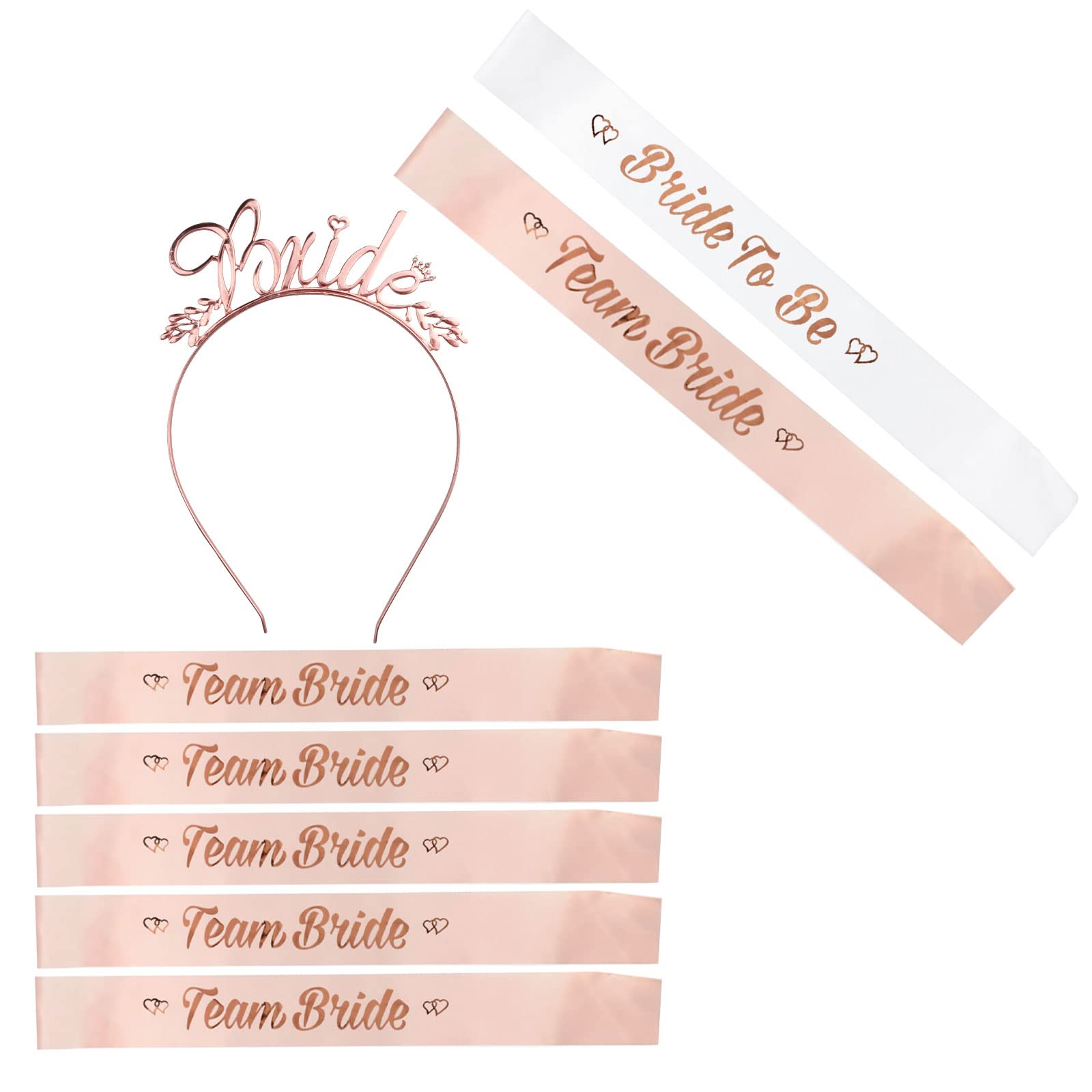 SKJIAYEETeam Bride Sashes for Bridal Shower, (8pc Set, Rose Gold) 1 White 'Bride to Be' Sash and 1 Headband Tiara and 6 Team Bride Sashes for Bachelorette Wedding Party Supplies