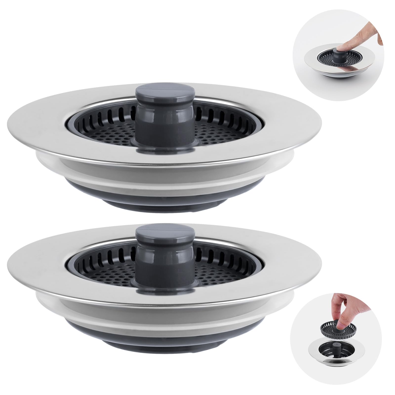 iFealClear 2 PCS 3-in-1 Kitchen Drain Stopper, Upgraded Kitchen Plug Strainer, Stainless-wrap Shell Replacement for Food Waste Catcher, Suitable for Sinks Hole 75mm-82mm, Depth > 28mm