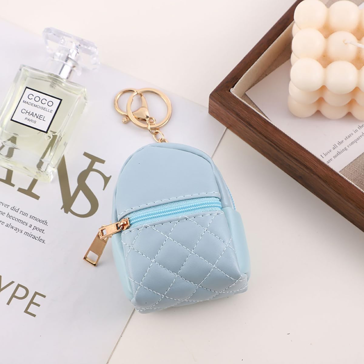 1 Pc Blue Mini Backpack Keychain for Women,Cute Small Cosmetic Bag,PU Leather Makeup Bag Key Pocket Lipstick Bag Card Holder Data Cable Organizer Zipper Pouch - Image 4