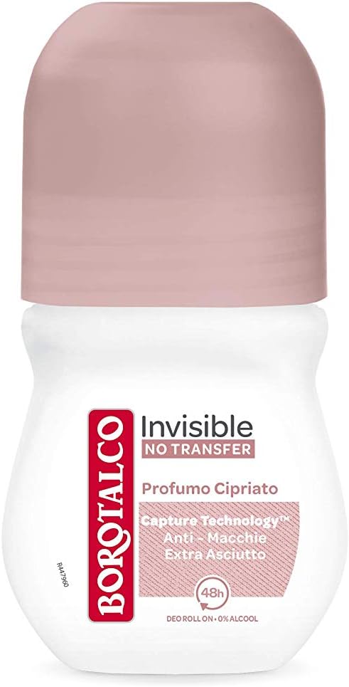 Borotalco, Deodorante Roll On Invisible Rosa, Assorbe il Sudore e Non Lascia Aloni, Senza Alcool, Freschezza Continua, Profumo Cipriato, Deodorante Uomo e Donna - Flacone da 50 ml