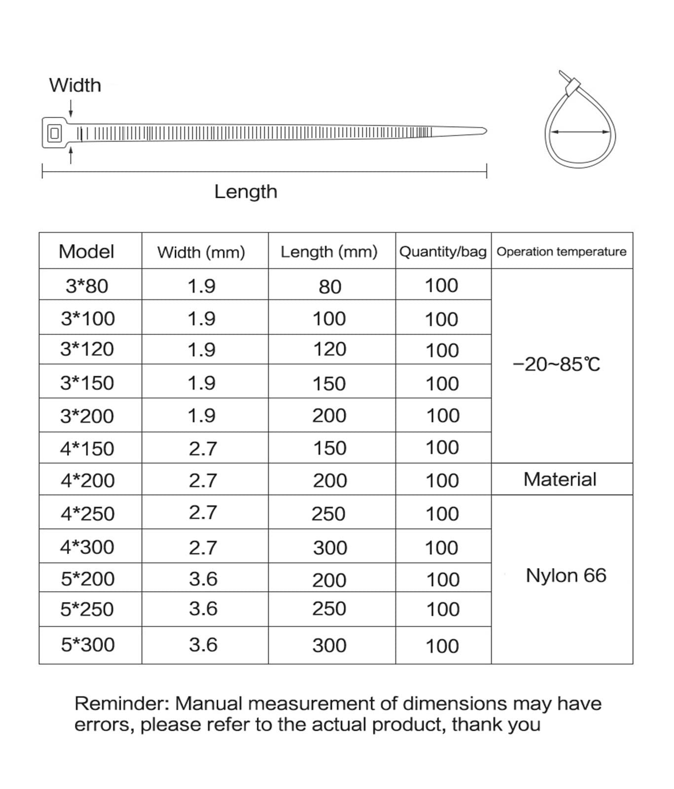assortimento di Fascette per Cavi,Fascette per, Fascetta fermacavi in ​​Nylon di plastica autobloccante Fascetta fermacavi Nera 5x300 da 100 Pezzi(4x250 Width 2.6mm)