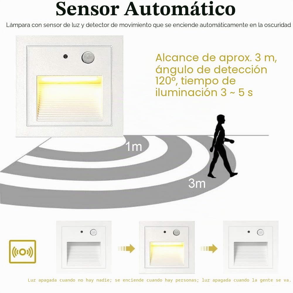Juego de 4 luces LED empotrables para escaleras, aluminio, 3 W, 230 V, luz blanca cálida, iluminación exterior con detector de movimiento, lámpara de pared, IP65, resistente al agua