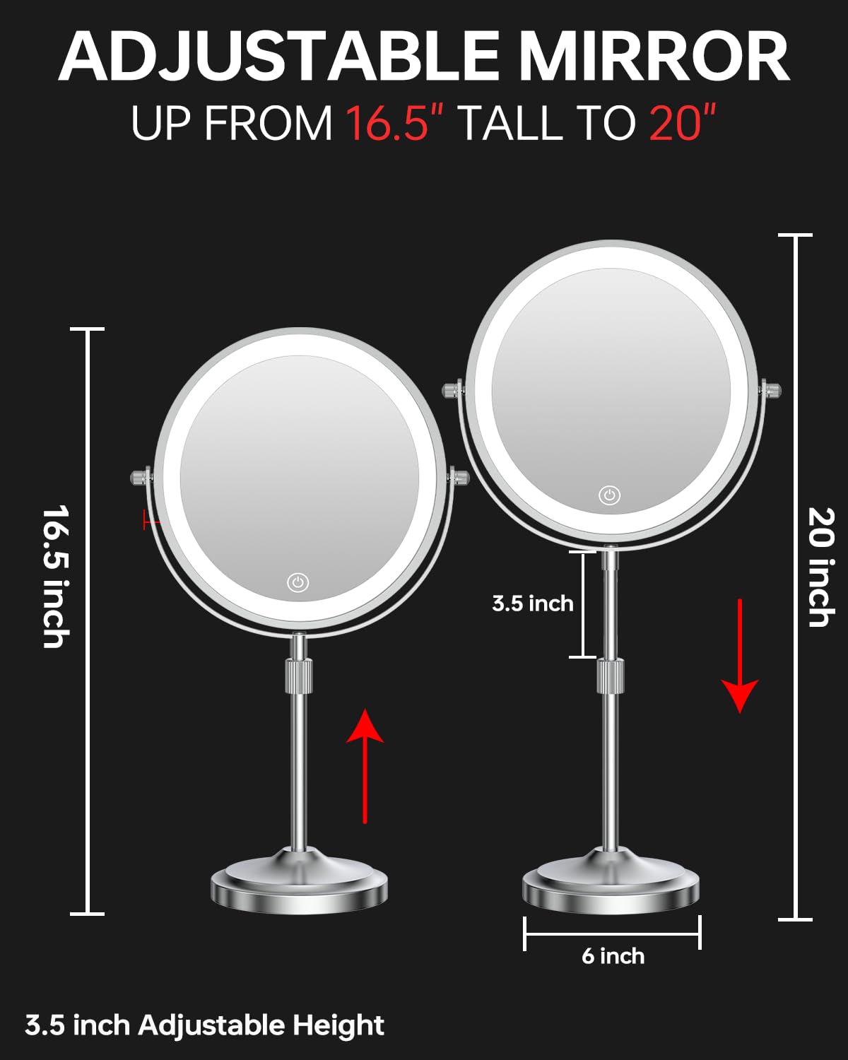 Miroir de maquillage lumineux de 22,9 cm avec grossissement x 1, 5000 mAh, LED rechargeable, avec lumières, 3 couleurs d'éclairage, hauteur réglable, luminosité, miroir cosmétique chromé