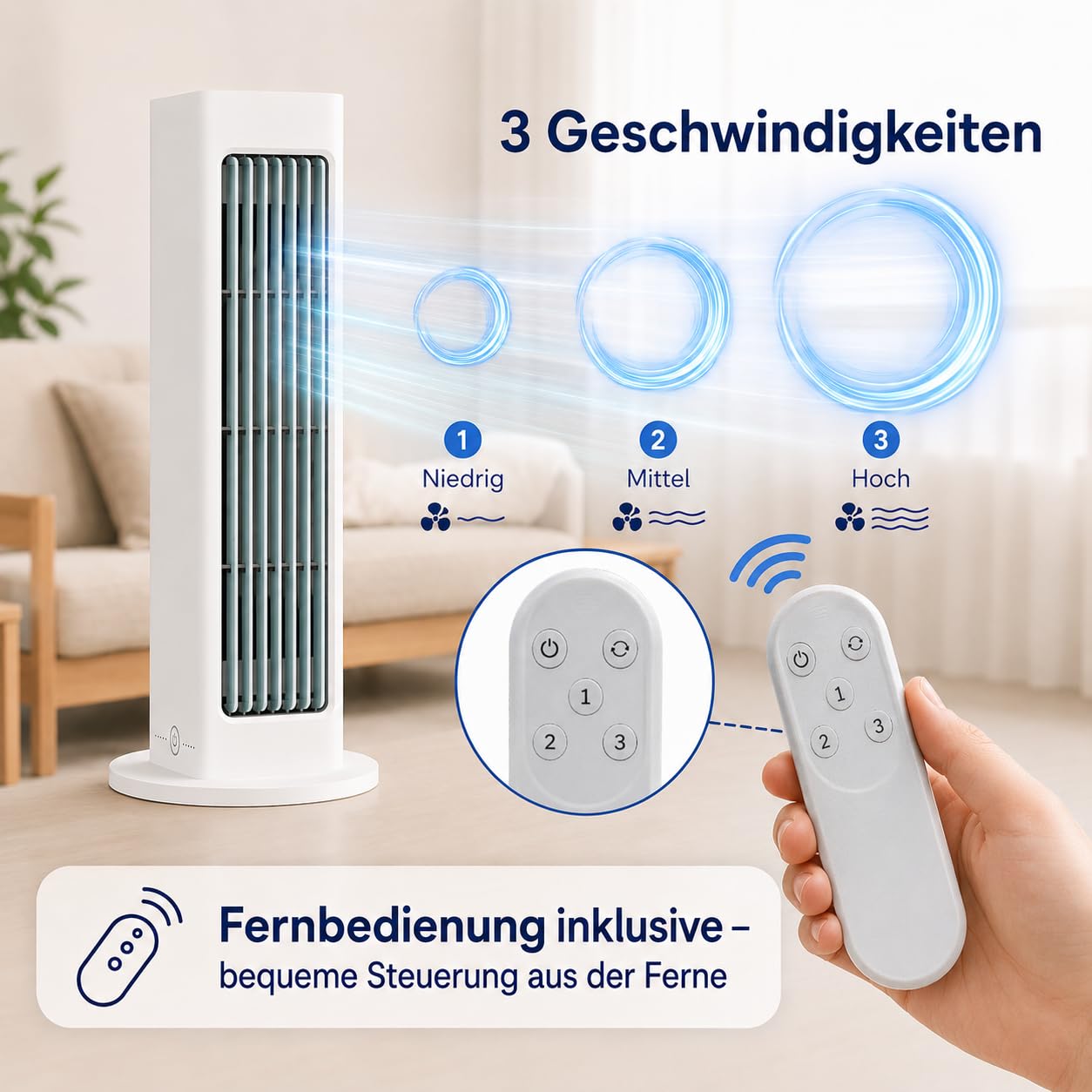 XJQ Breezamax Ventilator, Klingenloser USB Ventilator mit Akku, 3–8 Std Laufzeit, Wiederaufladbar und Tragbar, mit Fernbedienung, 3 Geschwindigkeiten, für Zuhause, Büro, Camping (Weiß)