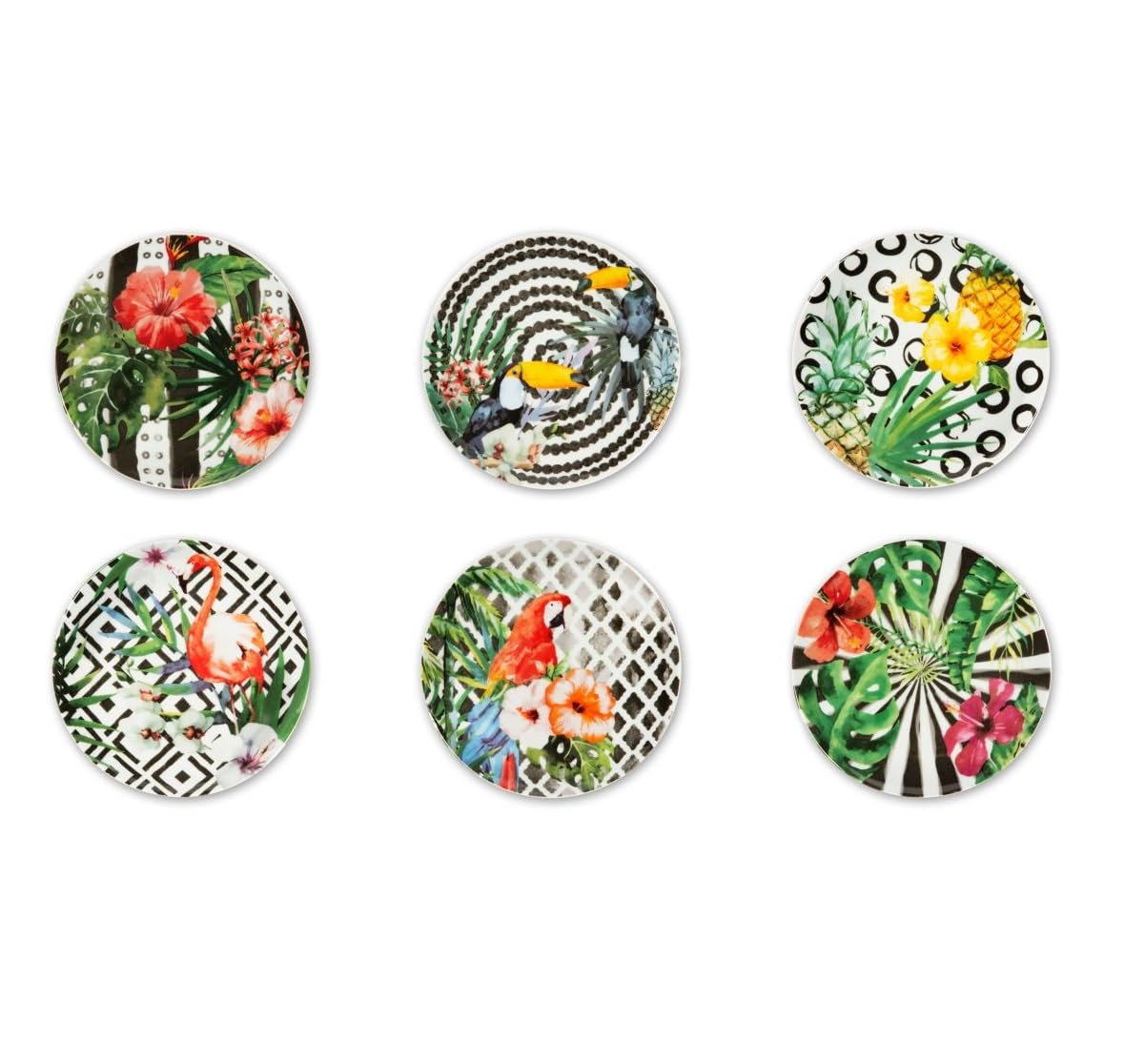 Excelsa Tropical Chic Set 6 Piattini in Porcellana per Aperitivo e Dessert, Decorazioni Tropicali