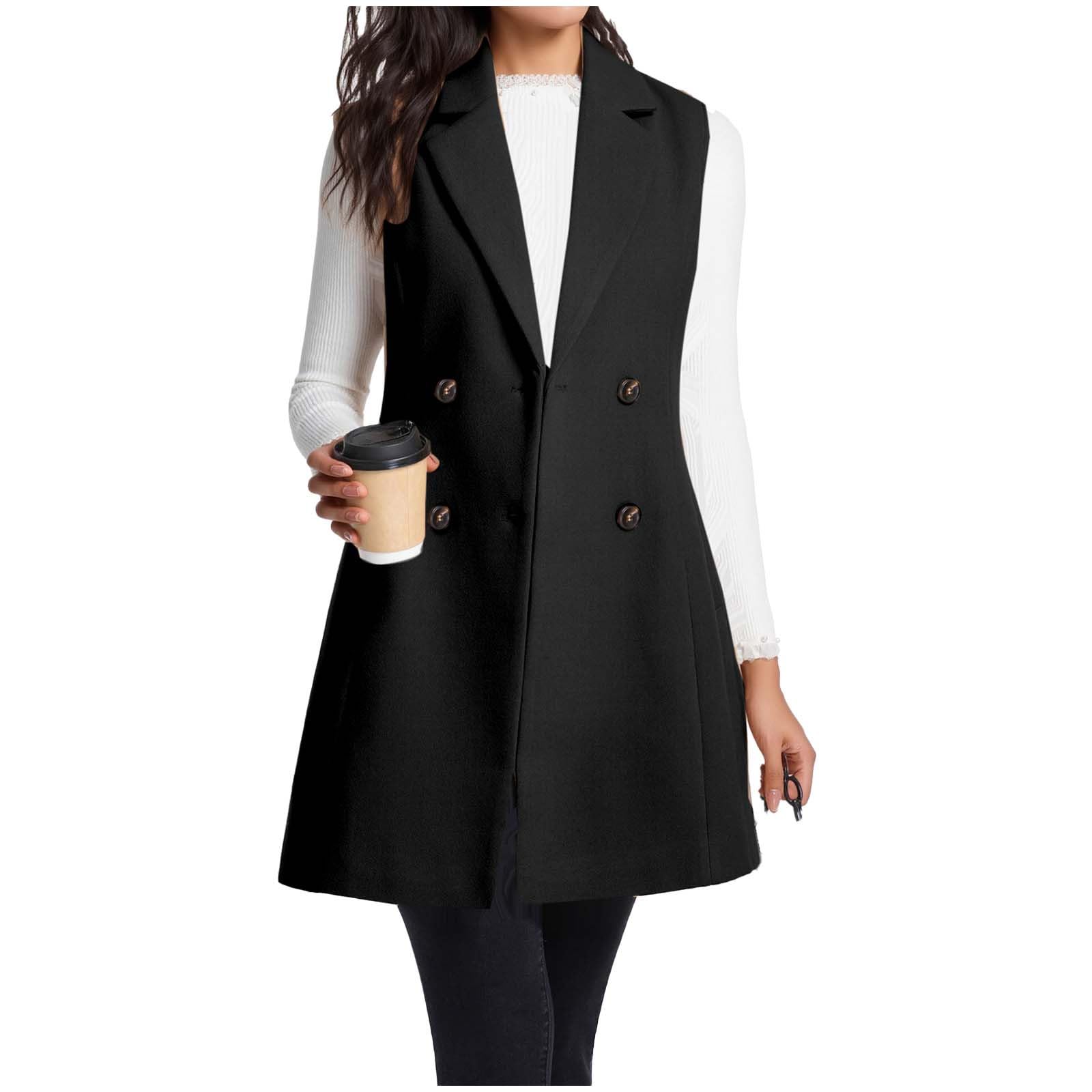 Womens Woolen Notched Collar Vest Business Casual Double Breasted Sleeveless Blazer Jacket Mid Long Cardigans