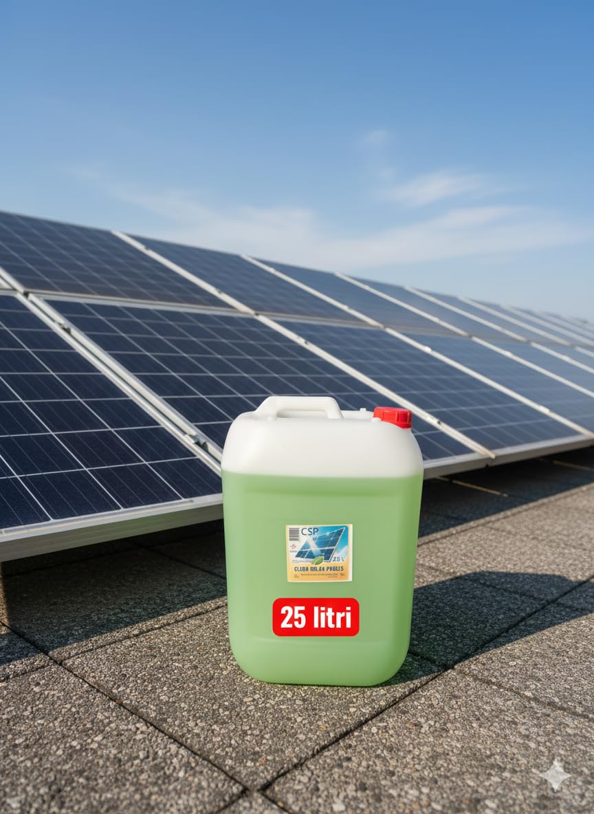 CSP Clean Solar Panels Detergente Specifico per Pannelli Solari, 25 L, Pulisce Polvere, Escrementi Animali, Calcare, Terra, Pronto all'Uso, Senza Ammoniaca Made in Italy