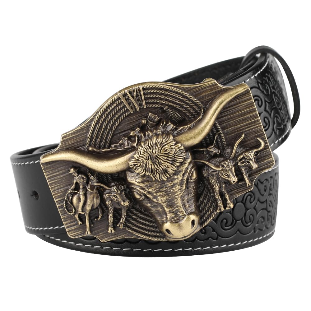 BDAYEK Men's Belt Men's Western Cowboy Belt Reddish Brown Floral Longhorn Engraved Cowhide(B Black,105Cm/41.3In)