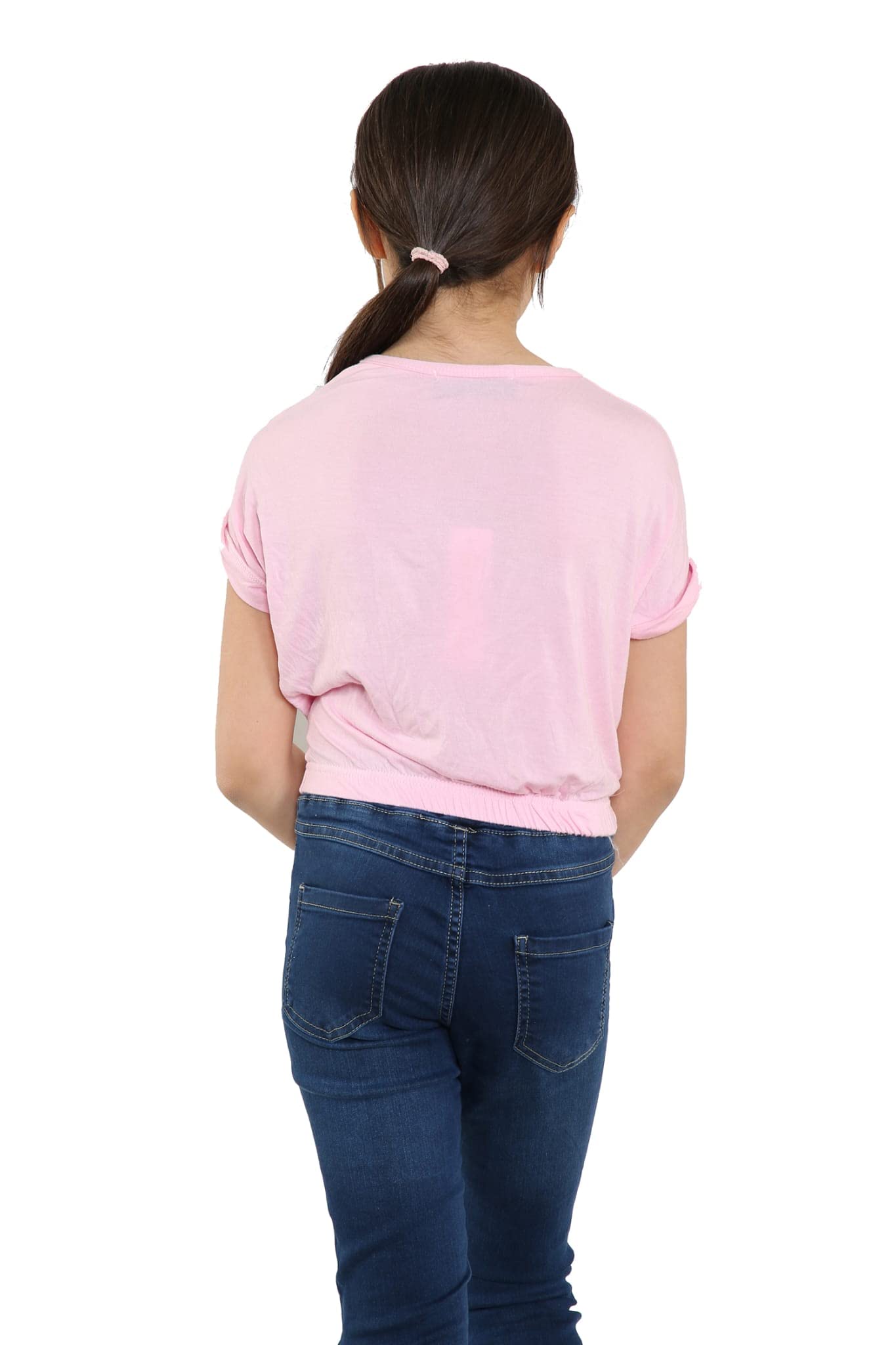 Girls Batwing Crop Top Shirt Roll Up Sleeves Baby Pink - 11-12 Years