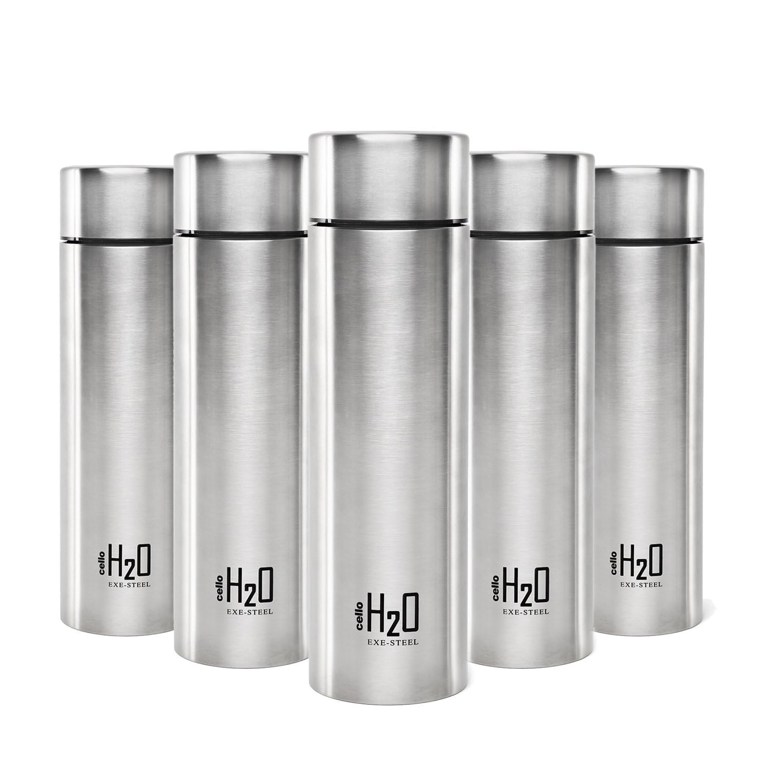 CELLO H2O Stainless Steel Water Bottle For Office & Daily Use Set of 5 Pcs, 1000 ml Silver | Single Wall Freezer & Fridge Safe, Lightweight Leakproof Rustproof Steel Water Bottle For School Gym Travel